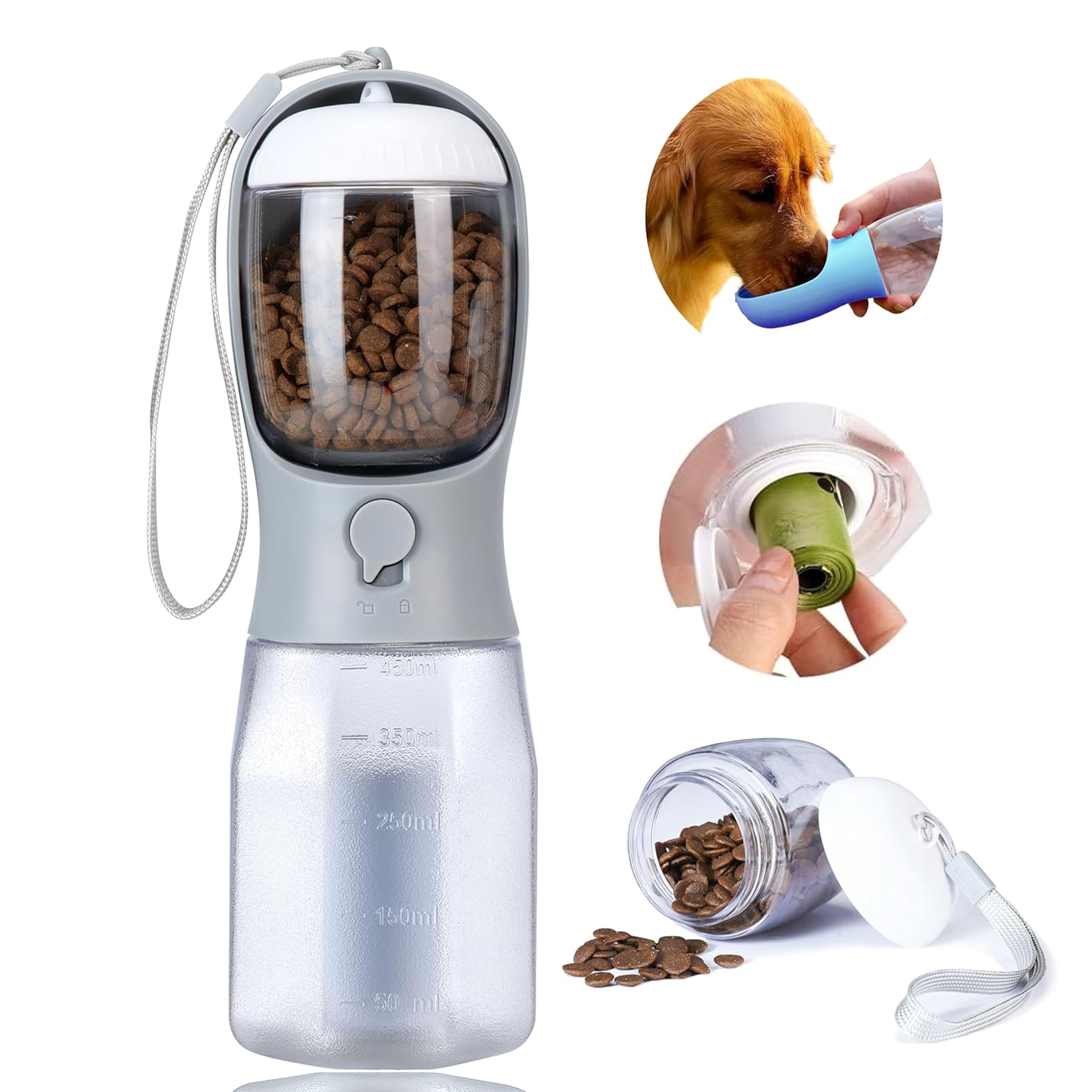 Dog Water Bottle with Food Container, Portable Pet Dog Water Dispenser for Outdoor Walking,Hiking,Travel,Puppy Essentials,Puppy Supplies,Replaceable Waste Bags