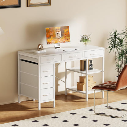 Sweetcrispy 47" Computer Desk with 6 Drawers, Home Office Gaming Desks with Storage Shelves for Bedroom, Writing Study Corner Living Room Work Table White