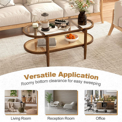 Giantex Rattan Coffee Table, 2-Tier Oval Acacia Wood Tea Table w/Tempered Glass Tabletop & PE Rattan Storage Shelf, Boho Cocktail Tables, Mid Century Modern Center Table for Living Room Office, Brown