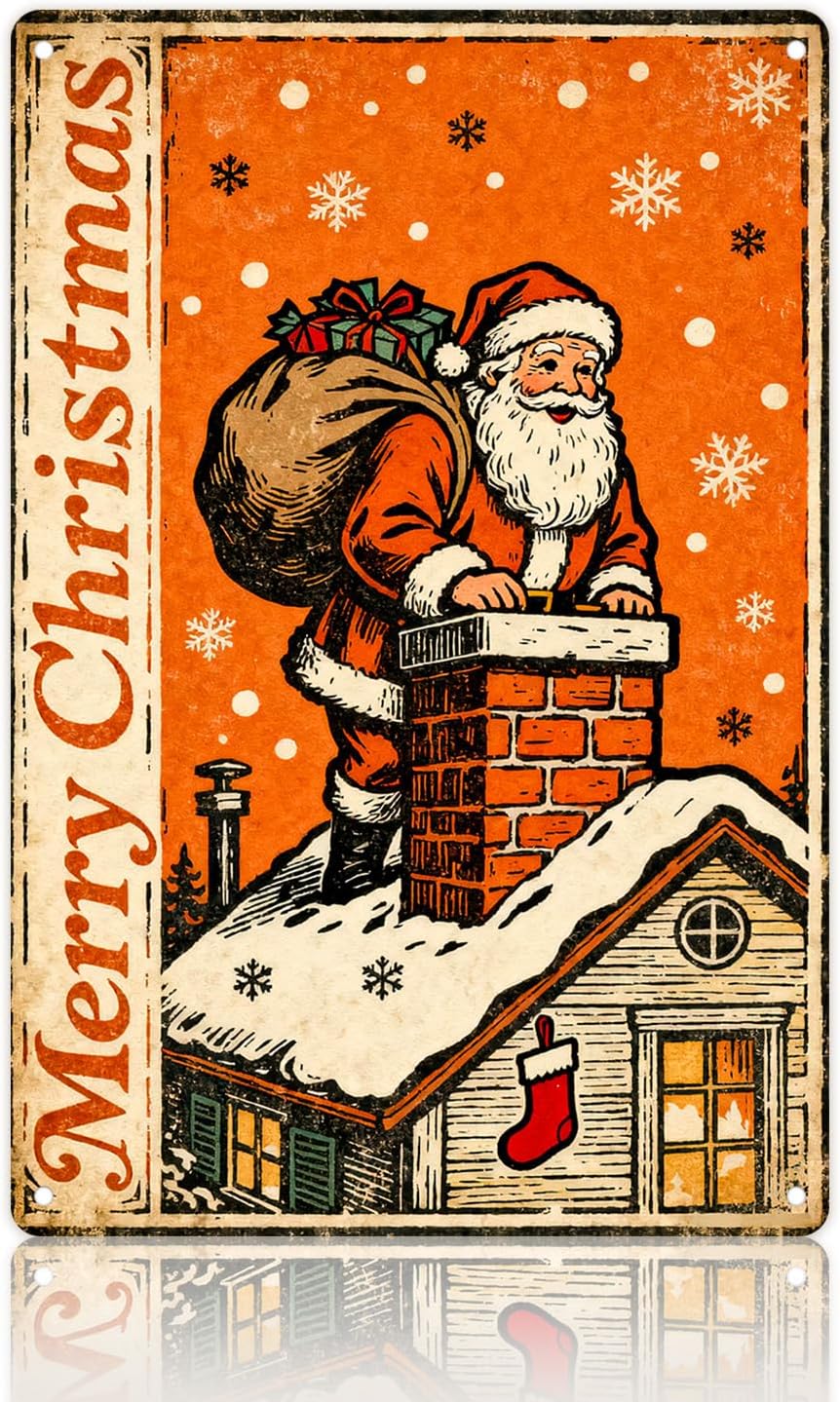 Christmas Decorations Metal Tin Sign For Indoor Outdoor 12x8 In Santa Climbing Chimney Sign With Snowflake & Stocking Man Cave Decor For Yard, Garage Wall, Rustic Vintage Bar Club Xmas Decoration.