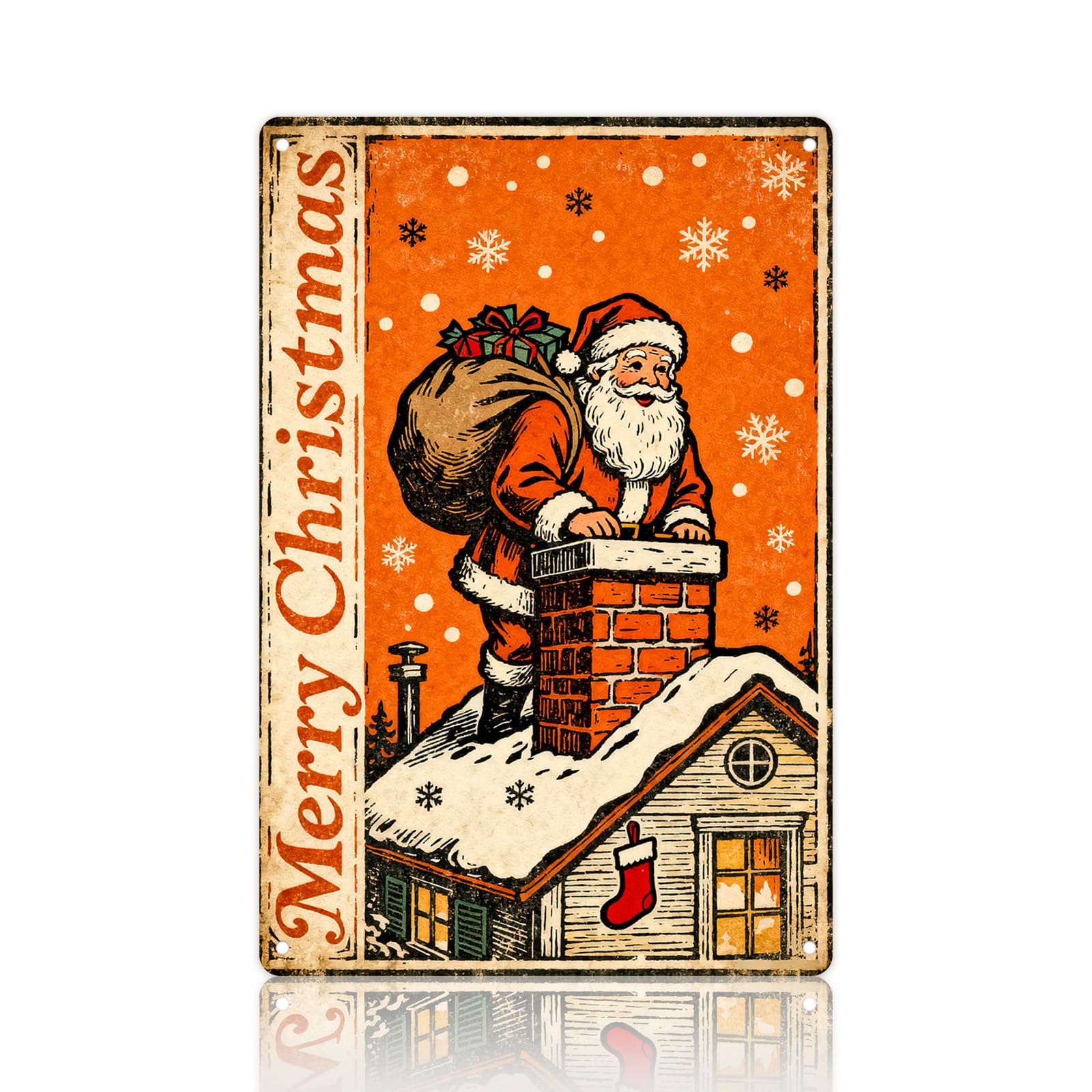 Christmas Decorations Metal Tin Sign For Indoor Outdoor 12x8 In Santa Climbing Chimney Sign With Snowflake & Stocking Man Cave Decor For Yard, Garage Wall, Rustic Vintage Bar Club Xmas Decoration.