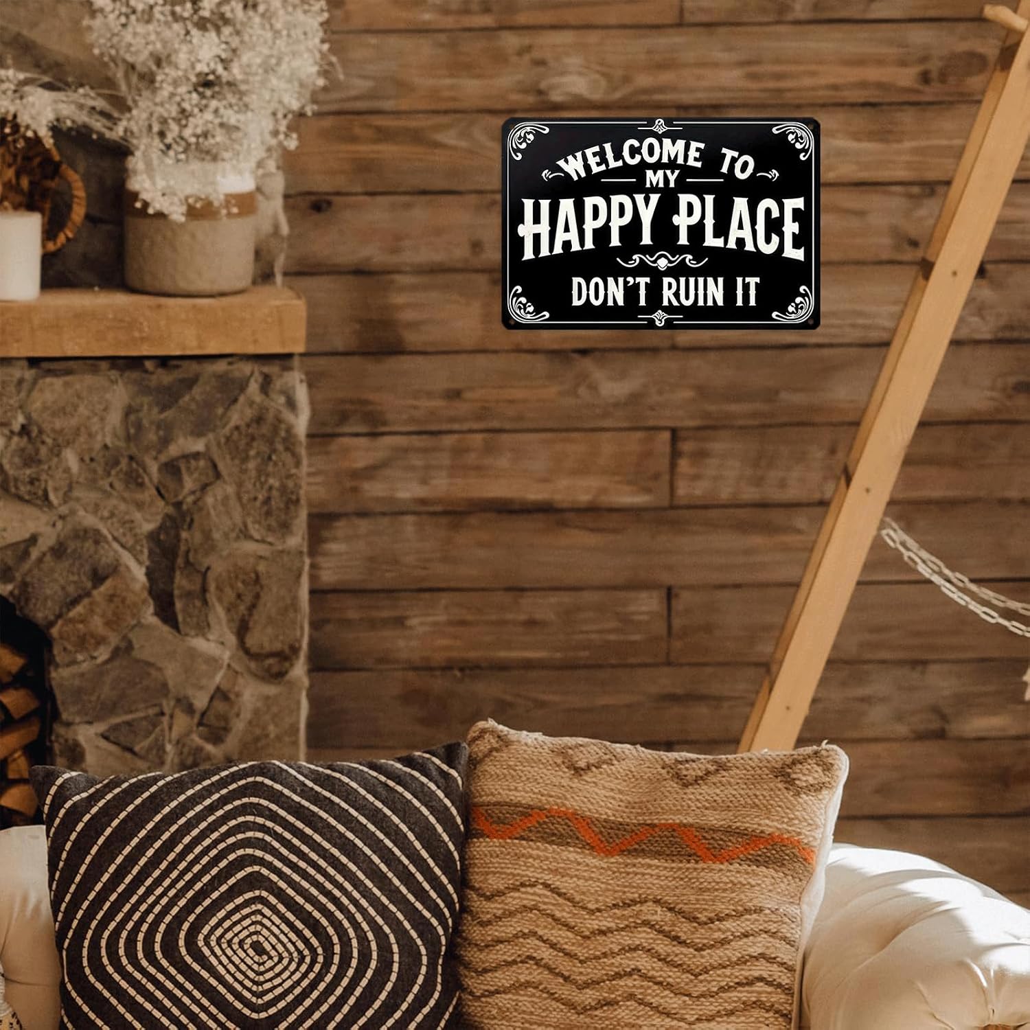 Funny Welcome To My Happy Place Metal Tin Sign, Vintage Rustic Wall Art Decor for Home Bedroom Porch Garden Farmhouse Decoration, 8 x 12 Inch