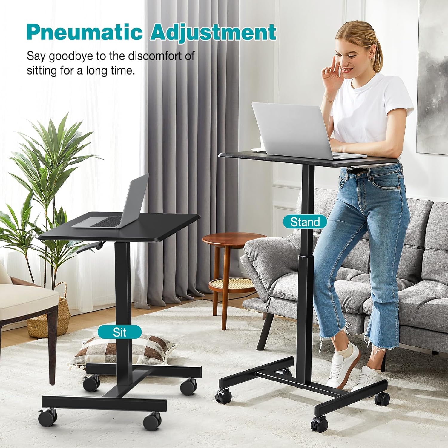 DUMOS Mobile Rolling Desk with Wheels Adjustable Height Small Standing Desks Portable Laptop PC Table Computer Workstation for Home Office Small Space Black