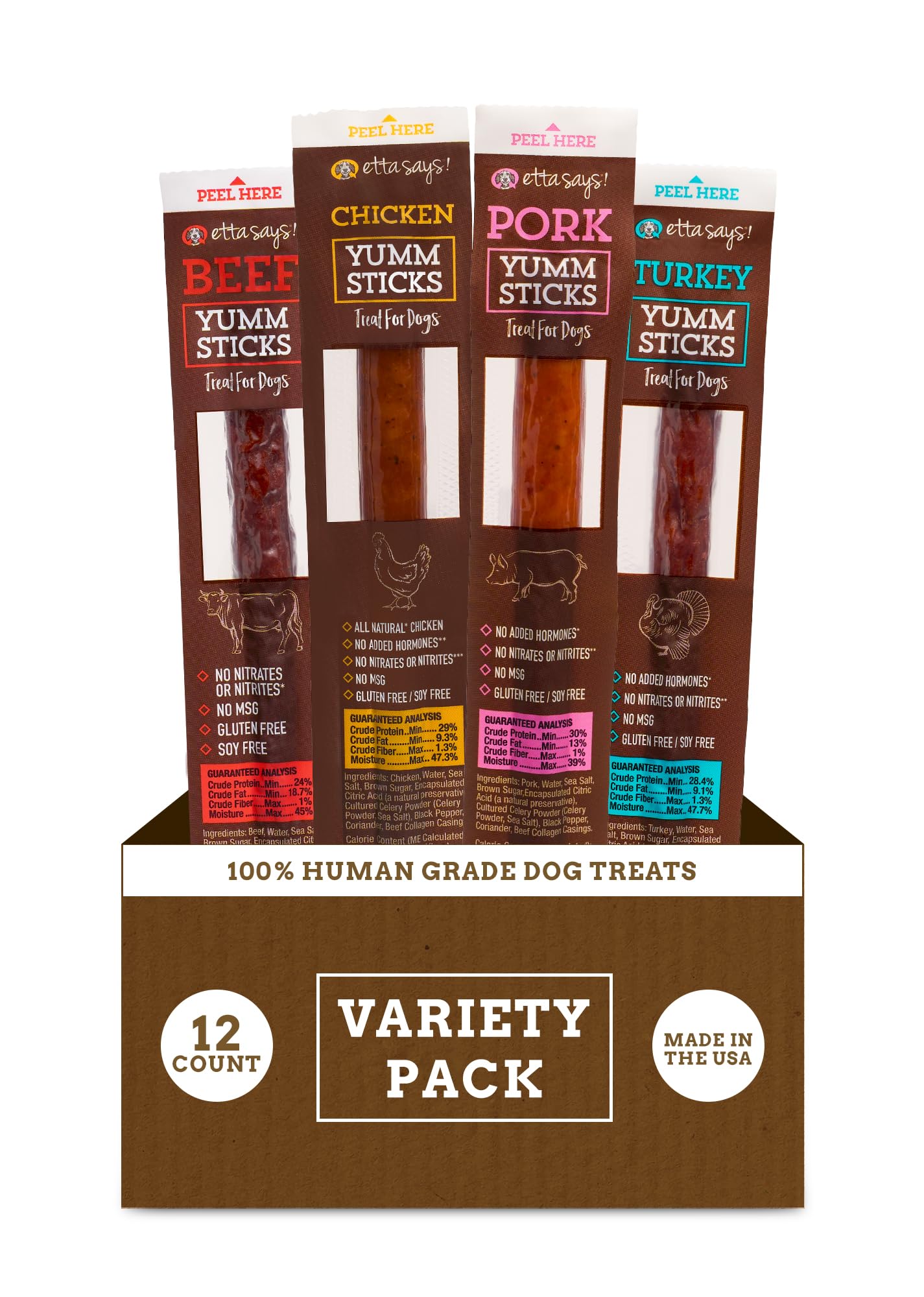 etta says! Yumm Sticks - Real Meat Dog Jerky Treats - Beef, Chicken, Pork, and Turkey Variety Pack - Human Grade - Made in The USA (24 Count Pack of 1)
