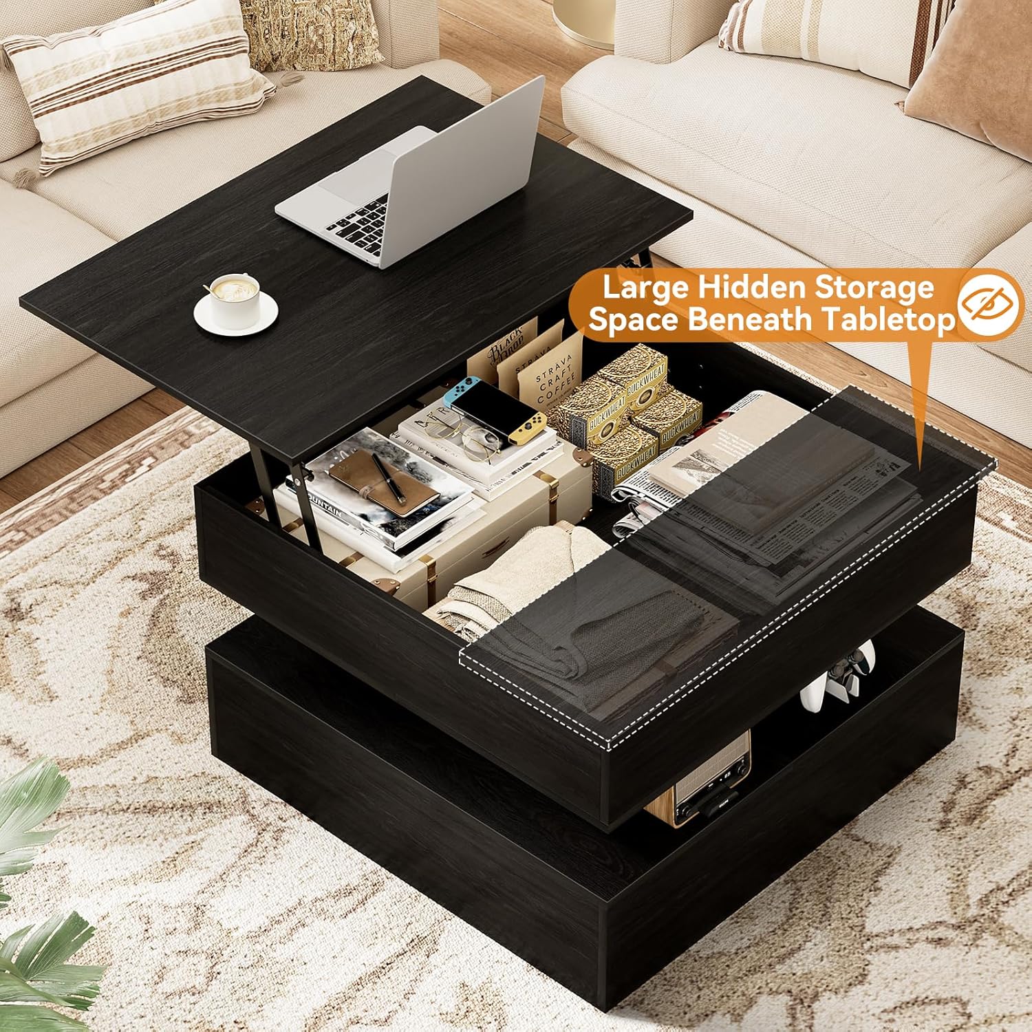 FABATO Lift Top Coffee Table with Storage and Hidden Compartment, Wood Square Coffee Table for Living Room,31.5'' Small Center Table with Open Display Shelf for Dining Reception Room, Black