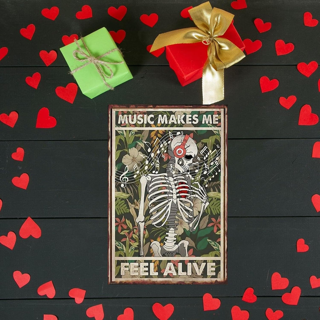 Music Tin Signs, Rock Bands Skull Metal Sign, Feel Alive, Guitar Poster Studio Wall Decor Plants Plaque for Home, Office, Bars, Restaurants, Cafes, Pubs 8 X 12 Inches
