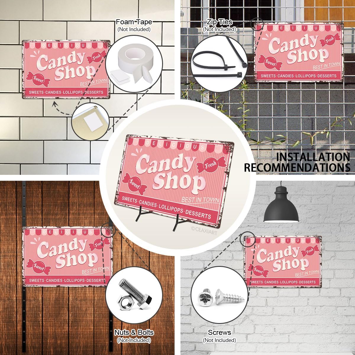 Candy Shop Tin Signs Sweets Candies Lollipops Desserts Store Vintage Poster Metal Sign Art Wall Decor for Home Kitchen Bar Cafe Retro Pink Hanging Plaque 8X12 Inch