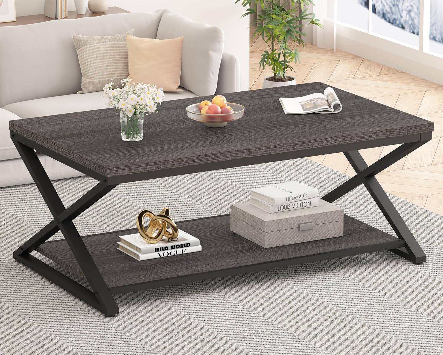 HSH Rustic Coffee Table with Storage Shelf, Industrial Metal Wood Living Room Table, Farmhouse Minimalist Rectangle Center Table, Vintage Simple 2 Tier Cocktail Tea Table, Rustic Brown, 47 Inch