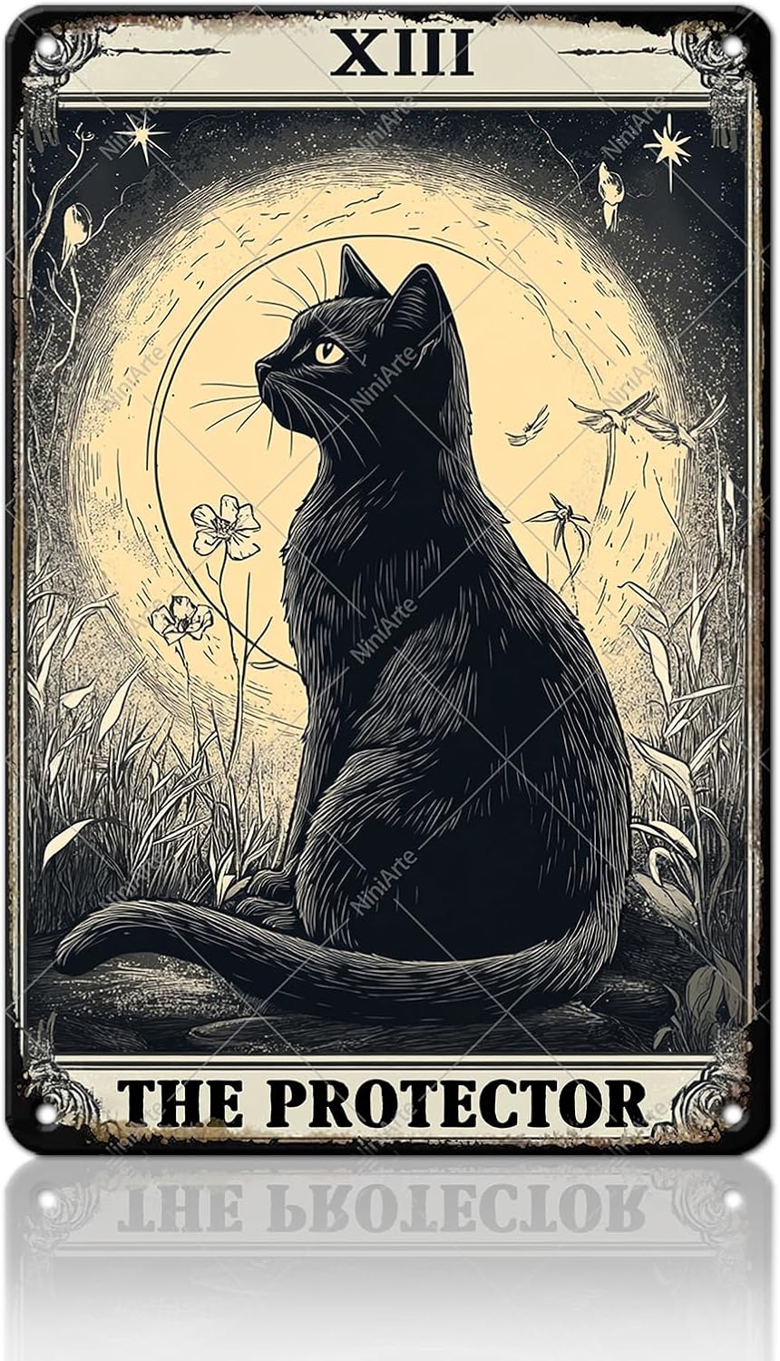 Vintage Tin Sign Metal Plaque Black Cat The Protector Tarot Cat Metal Sign Retro Wall Decor for Home Hotel Cafes Gift 12x8 Inch