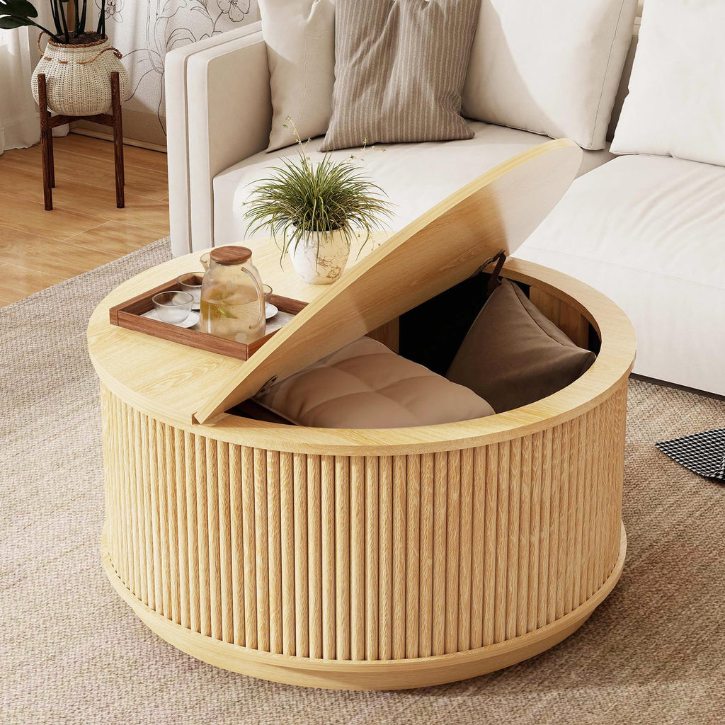 LYNCOHOME Fluted Lift Top Coffee Table with Storage,Modern Oval Coffee Table for Living Room or Home Office（Walnut）