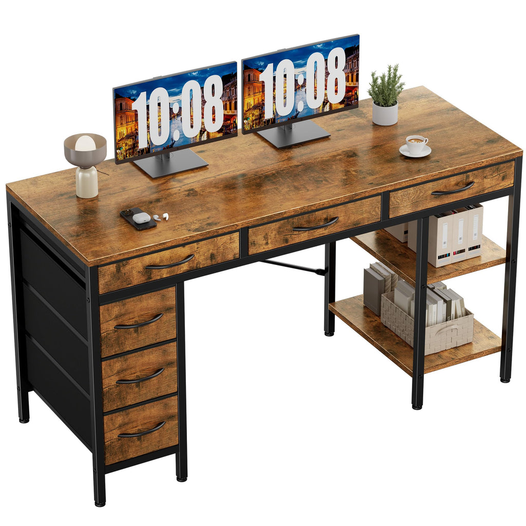 Sweetcrispy 47" Computer Desk with 6 Drawers, Home Office Gaming Desks with Storage Shelves for Bedroom, Writing Study Corner Living Room Work Table White