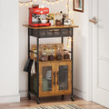 Hencawima Coffee Bar Cabinet, 3 Tier Coffee Station Table on Wheels, 35.9" H Bar Cart with Wire Basket Drawer & 5 Hooks for Home Kitchen, Liquor Buffet Sideboard Cabinet (Rustic Brown)