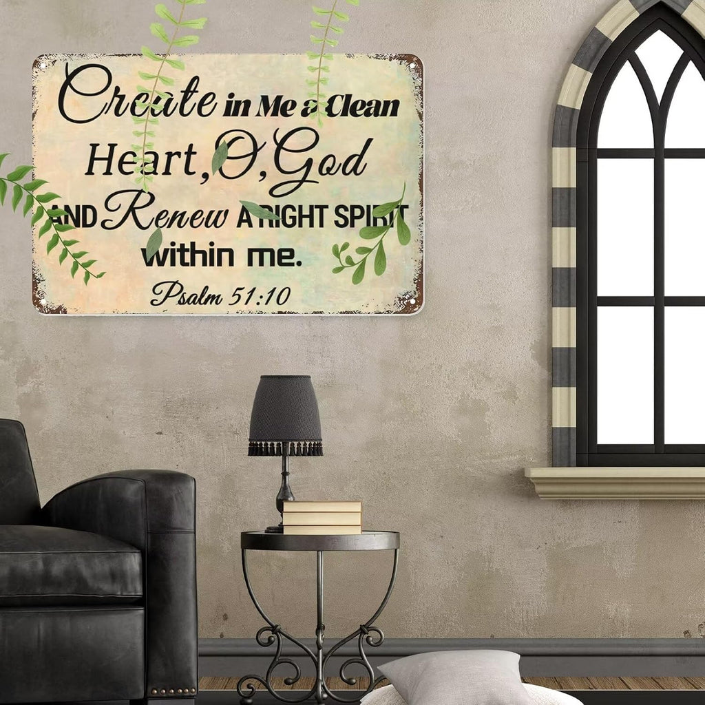 Psalm 51：10 Metal Tin Sign Bible Verse Metal Sign Art Decor - Christian Wall Art Faith Metal Tin Sign Prayer Religious Sign for Home Decor 8x12 Inch
