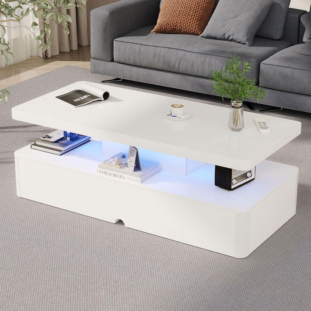 MXV Modern Coffee Table, 40 Inches Coffee Tables with 16 Colors LED Lights, 2 Tier Rectangular Center Table, Large Storage Space, High Glossy Wooden Tea Table for Living Room, Bedroom, Office, Black