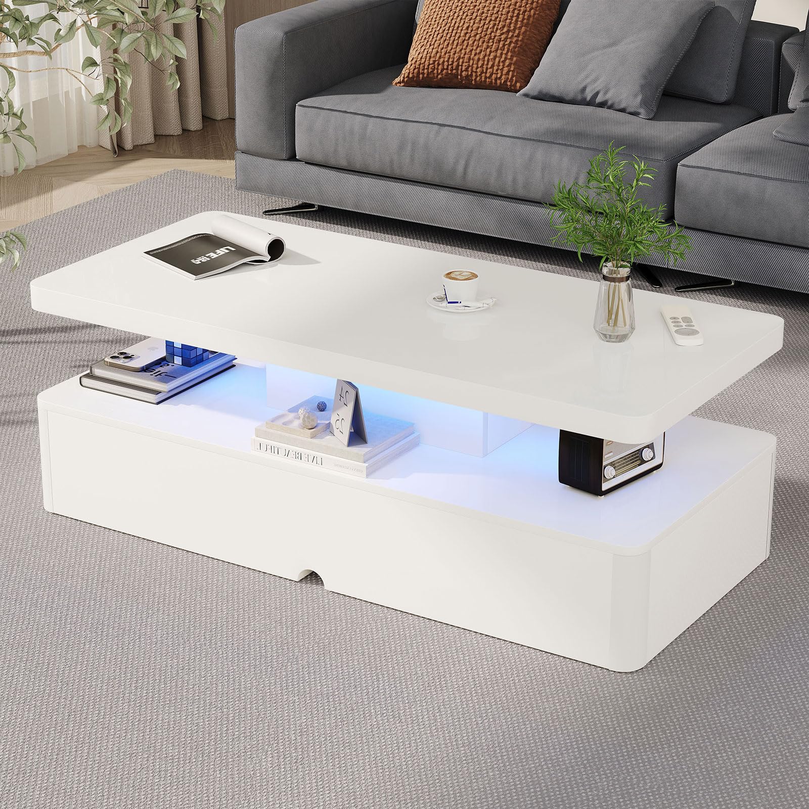 MXV Modern Coffee Table, 40 Inches Coffee Tables with 16 Colors LED Lights, 2 Tier Rectangular Center Table, Large Storage Space, High Glossy Wooden Tea Table for Living Room, Bedroom, Office, Black