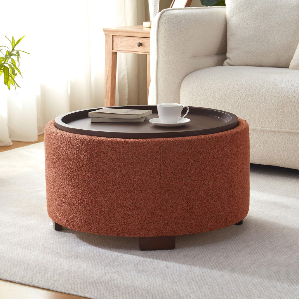Zihanhome 30 Inch Round Storage Ottoman Coffee Table, Modern Boucle Ottoman with Lift-Off Lid and Solid Wood Legs for Living Room, Bedroom, Corners, Apartments (Beige)