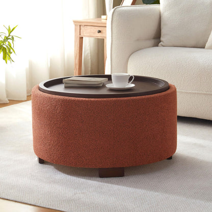 Zihanhome 30 Inch Round Storage Ottoman Coffee Table, Modern Boucle Ottoman with Lift-Off Lid and Solid Wood Legs for Living Room, Bedroom, Corners, Apartments (Beige)