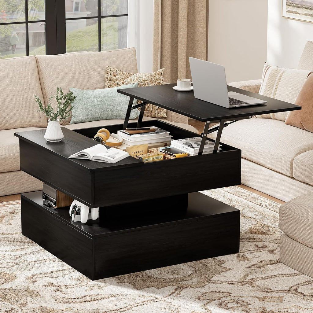 FABATO Lift Top Coffee Table with Storage and Hidden Compartment, Wood Square Coffee Table for Living Room,31.5'' Small Center Table with Open Display Shelf for Dining Reception Room, Black