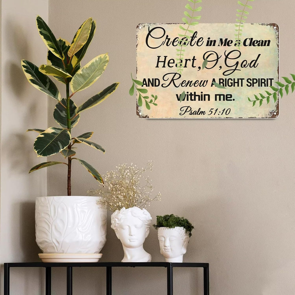 Psalm 51：10 Metal Tin Sign Bible Verse Metal Sign Art Decor - Christian Wall Art Faith Metal Tin Sign Prayer Religious Sign for Home Decor 8x12 Inch