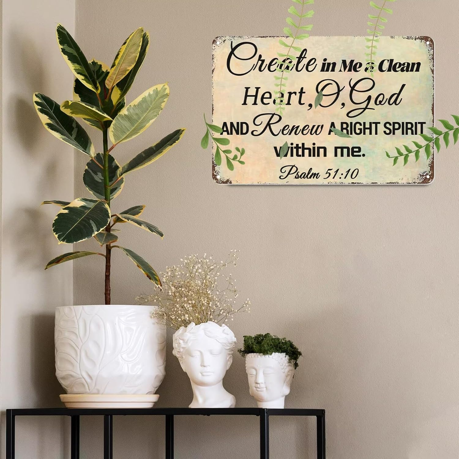 Psalm 51：10 Metal Tin Sign Bible Verse Metal Sign Art Decor - Christian Wall Art Faith Metal Tin Sign Prayer Religious Sign for Home Decor 8x12 Inch