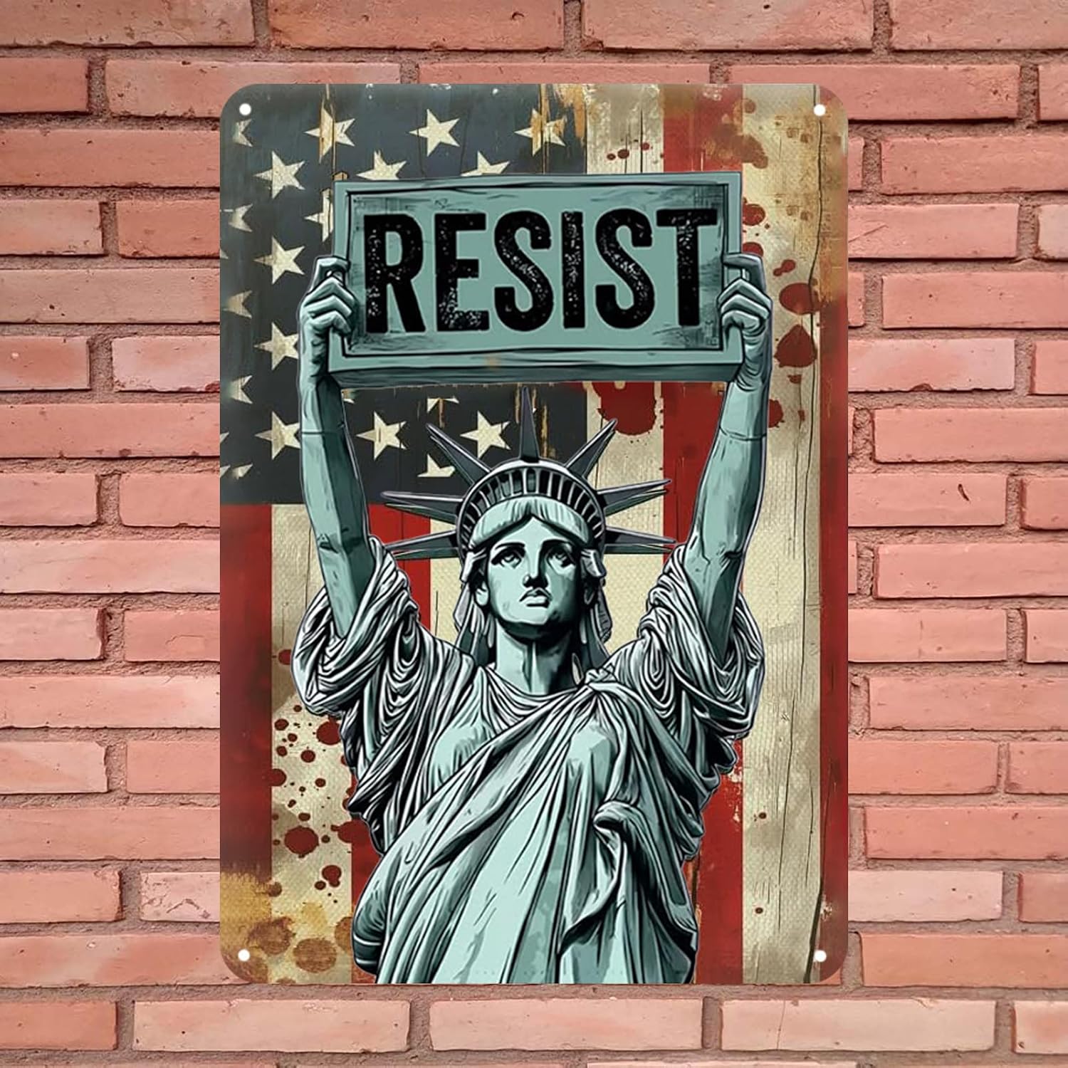 Statue of Liberty Resist Tin Sign,Social Security And Medicare Protest,Democracy Vintage Style Wall Decor for Home Kitchen Bar Room Garage 8 X 12 inches.
