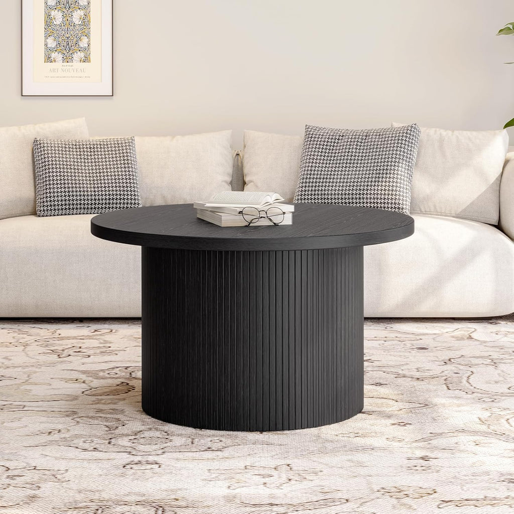 ONBRILL 31.5" Round Coffee Table, Tambour Design Coffee Tables for Living Room, Mid Century Modern Wood Coffee Table, Drum Accent Small Center Table, Black