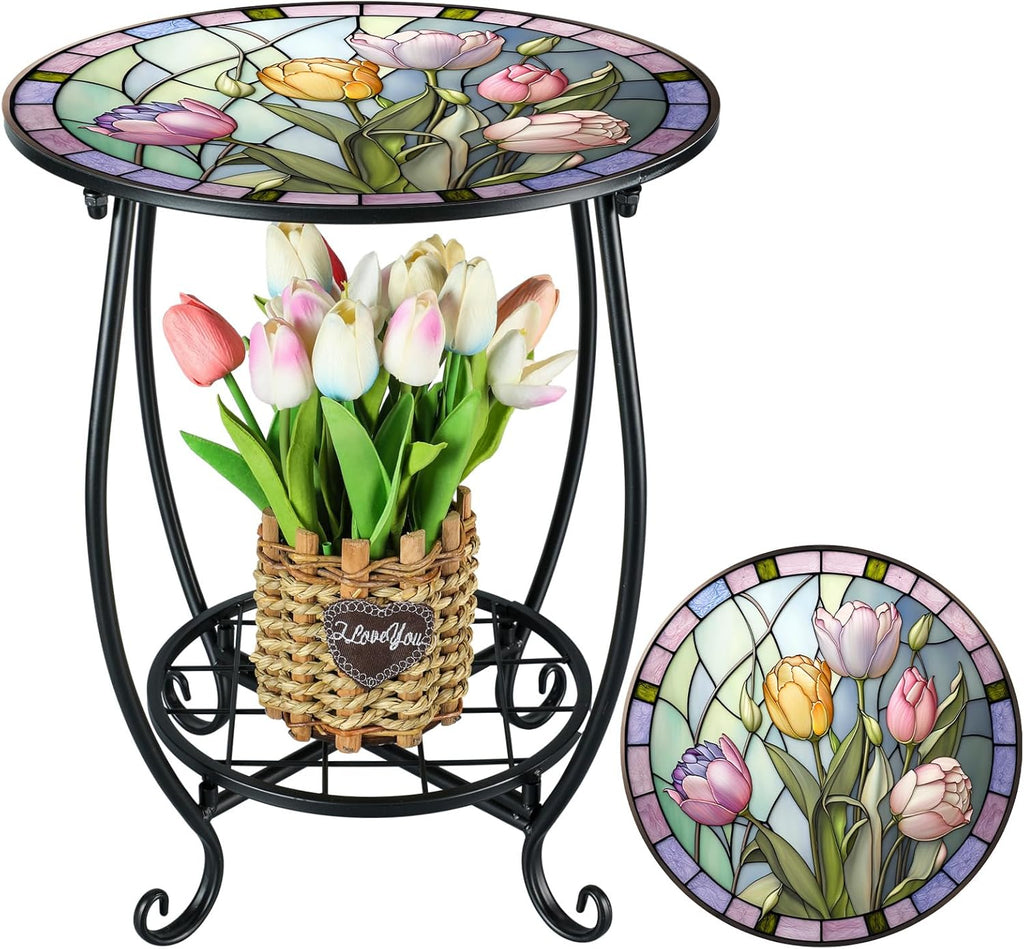 Cinnvoice Outdoor Side Table Round Small Mosaic Patio Accent Indoor End Plant Coffee Tea Table for Yard Patio Porch Garden Living Room, Bedroom(Butterfly Style,14 Inch)