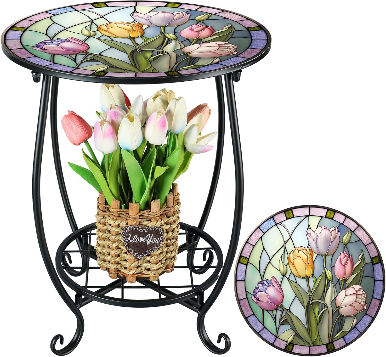 Cinnvoice Outdoor Side Table Round Small Mosaic Patio Accent Indoor End Plant Coffee Tea Table for Yard Patio Porch Garden Living Room, Bedroom(Butterfly Style,14 Inch)