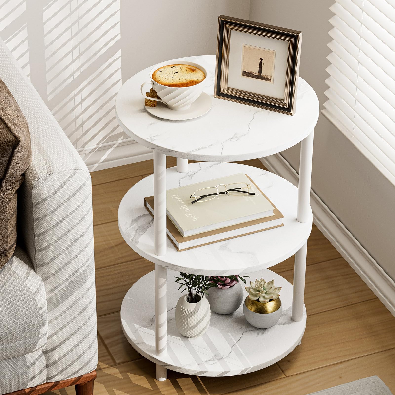XBurmo Small Round Coffee Table - 3 Tier Design Accent Table, Narrow Side or Bedside Stand, Industrial Vintage Nightstand for Bedroom, Living Room, or Small Spaces, Rustic Brown