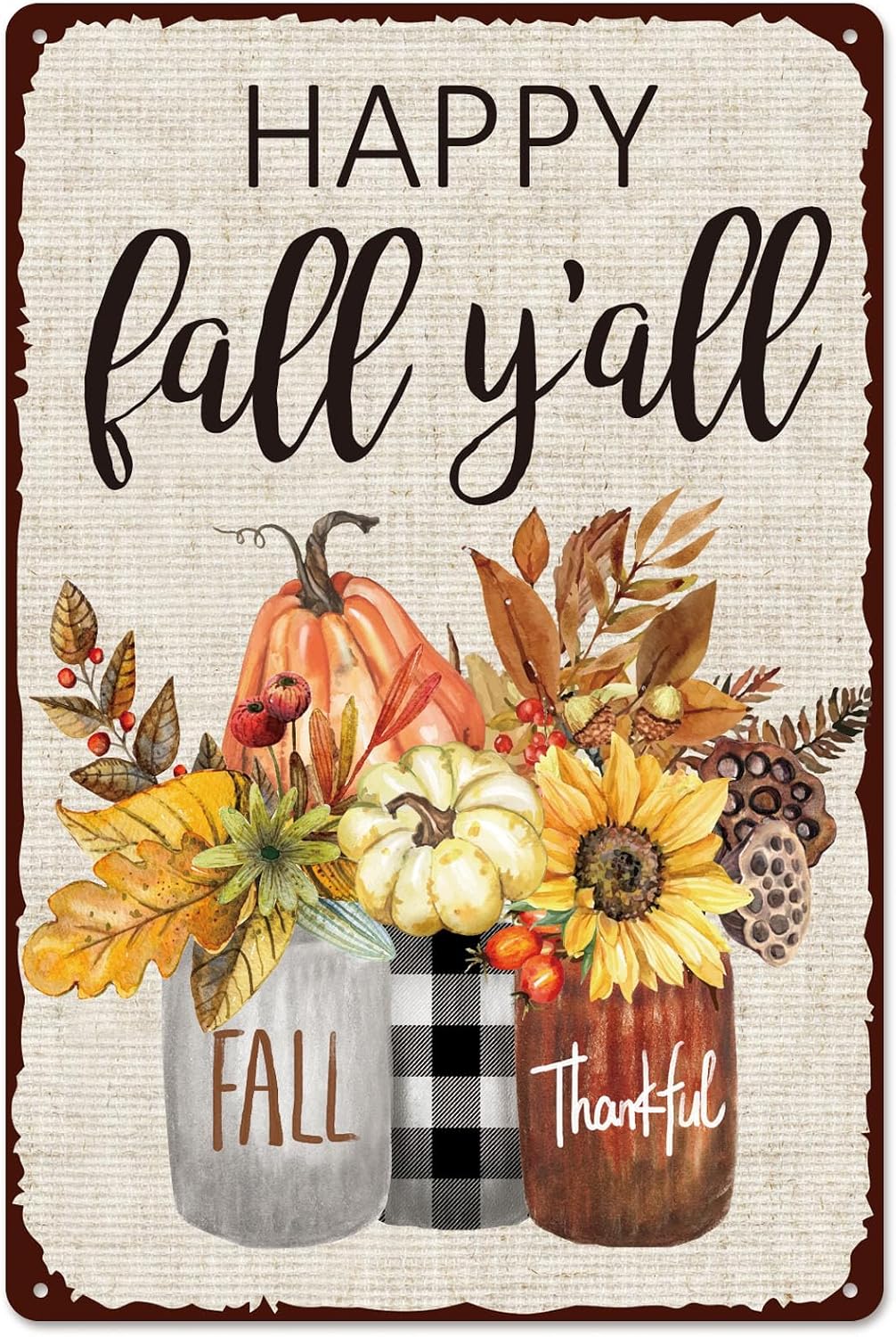 Whaline Fall Retro Tin Sign Autumn Thanksgiving Mason Jar Metal Sign Pumpkin Leaves Floral Flower Wall Art Welcome Holiday Decor Iron Plaque Signs for Club Bar Garage Wall Decor, 12 x 8 Inch