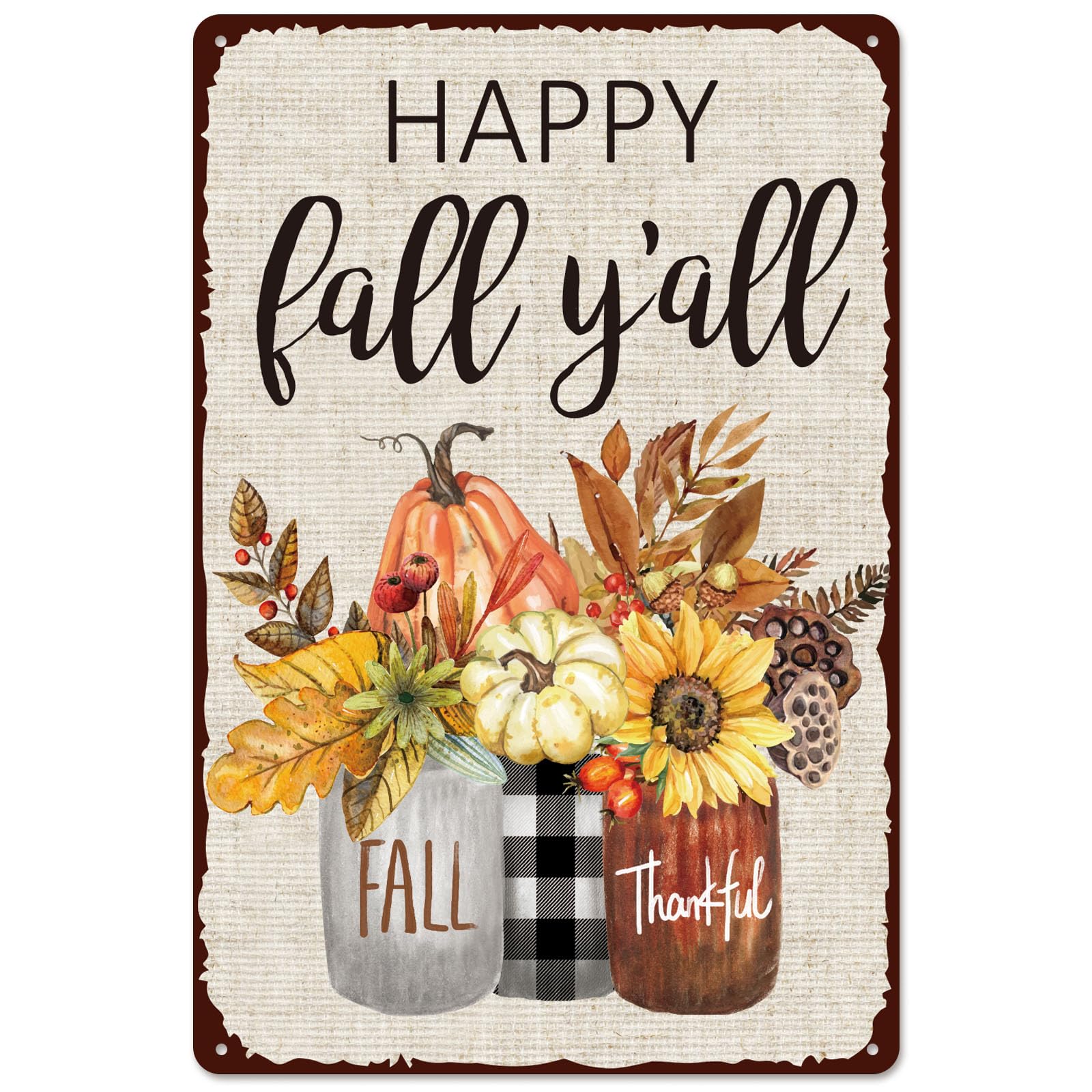 Whaline Fall Retro Tin Sign Autumn Thanksgiving Mason Jar Metal Sign Pumpkin Leaves Floral Flower Wall Art Welcome Holiday Decor Iron Plaque Signs for Club Bar Garage Wall Decor, 12 x 8 Inch