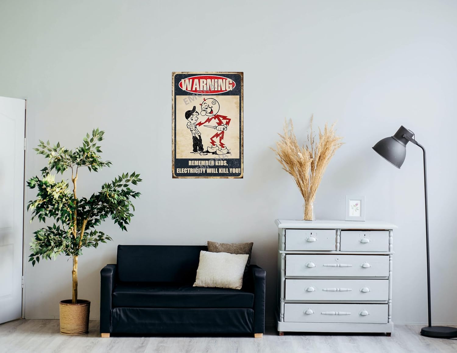 EMOHAT Warning Sign Remember Kids Electricity Will Kill You Metal Tin Sign Vintage Retro Caution Safety Wall Decor Poster Plaques For Room Home Restaurant Garage Outdoor Indoor 8x12 Inch