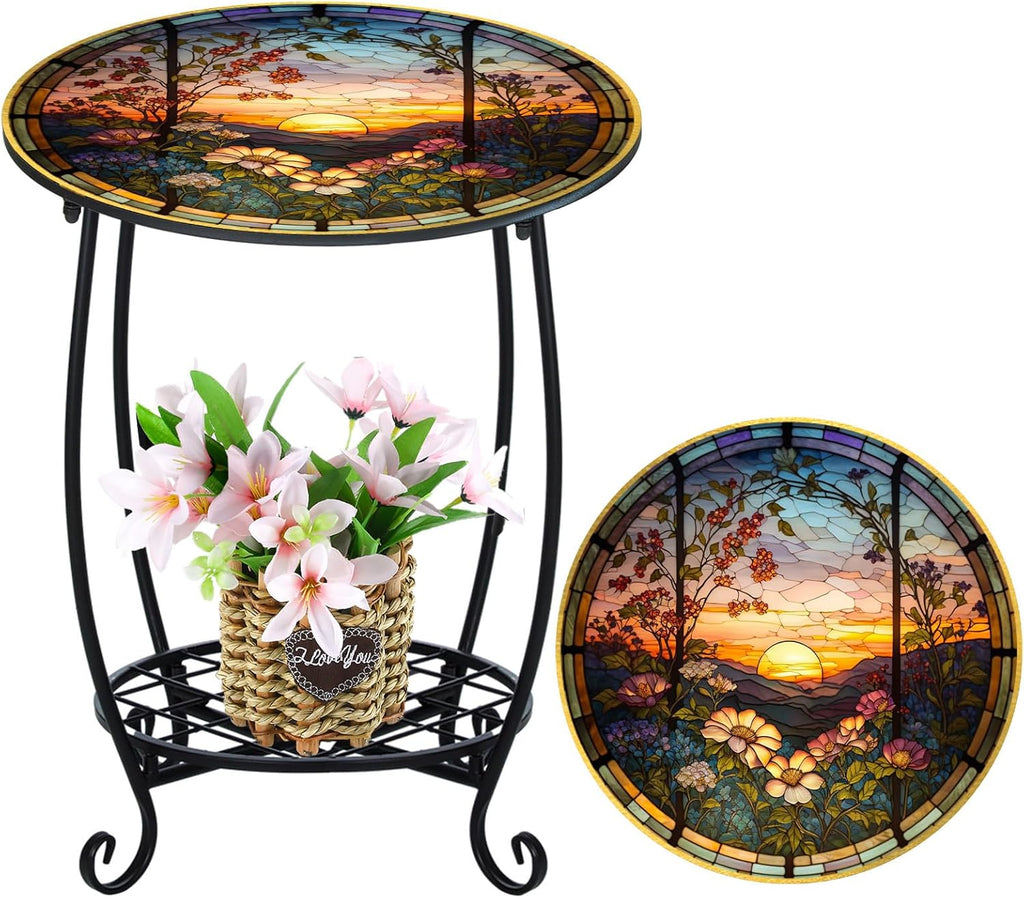 Cinnvoice Outdoor Side Table Round Small Mosaic Patio Accent Indoor End Plant Coffee Tea Table for Yard Patio Porch Garden Living Room, Bedroom(Butterfly Style,14 Inch)