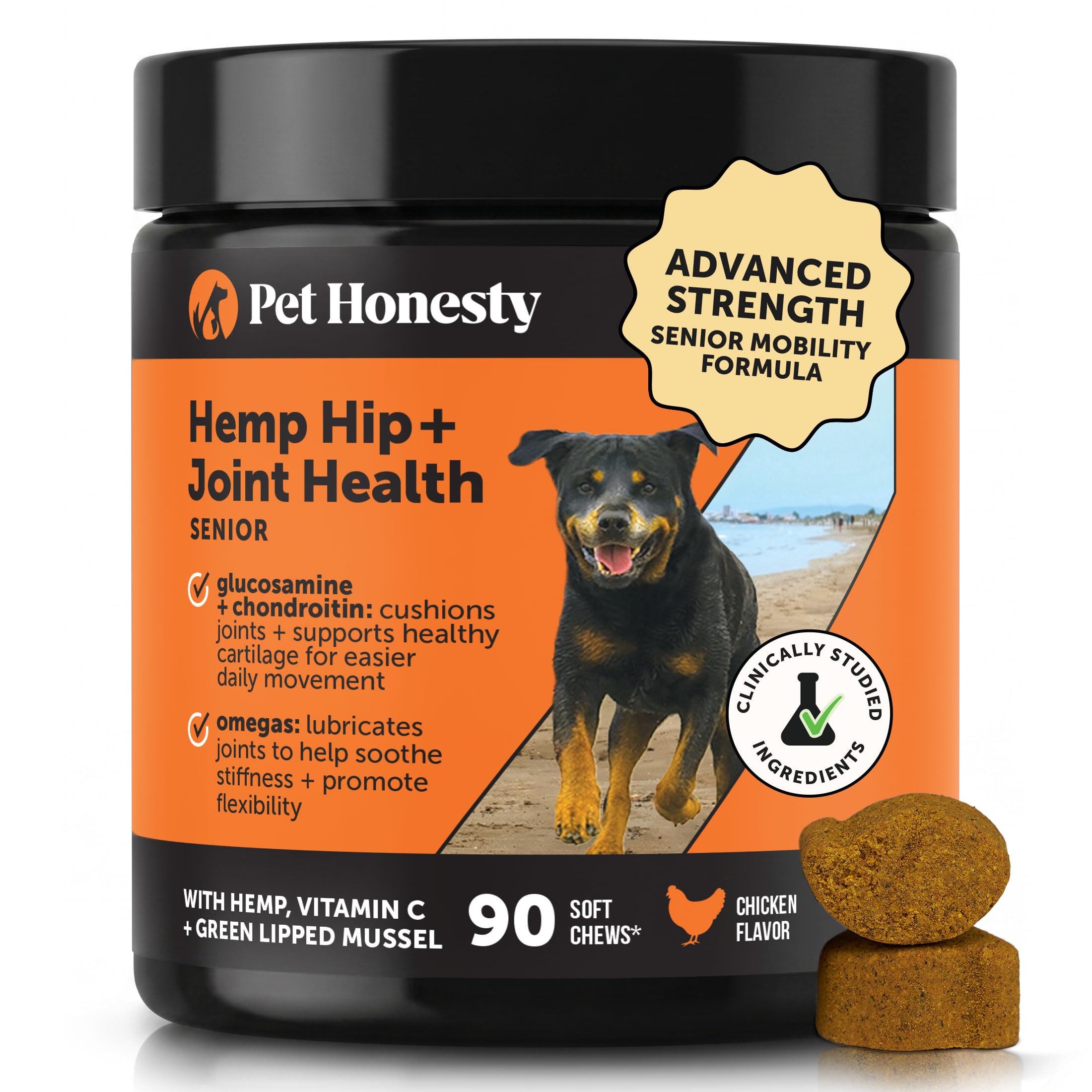 Senior Hemp Hip and Joint Supplement for Dogs - Glucosamine Chondroitin, MSM & Green Lipped Mussel - Relief for Joint Stiffness, Advanced Strength Mobility Support Senior Dogs (Peanut Butter, 90 Ct)