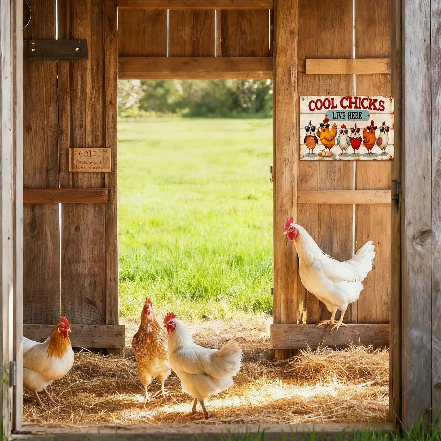Chicken Metal Decor Sign Vintage Metal Tin Sign Wall Art Decor Cool Chicks Live Here Chicken Coop Signs Accessories for Outdoor Decorations Gifts for Women and Hen Lovers 8 X 12 Inch
