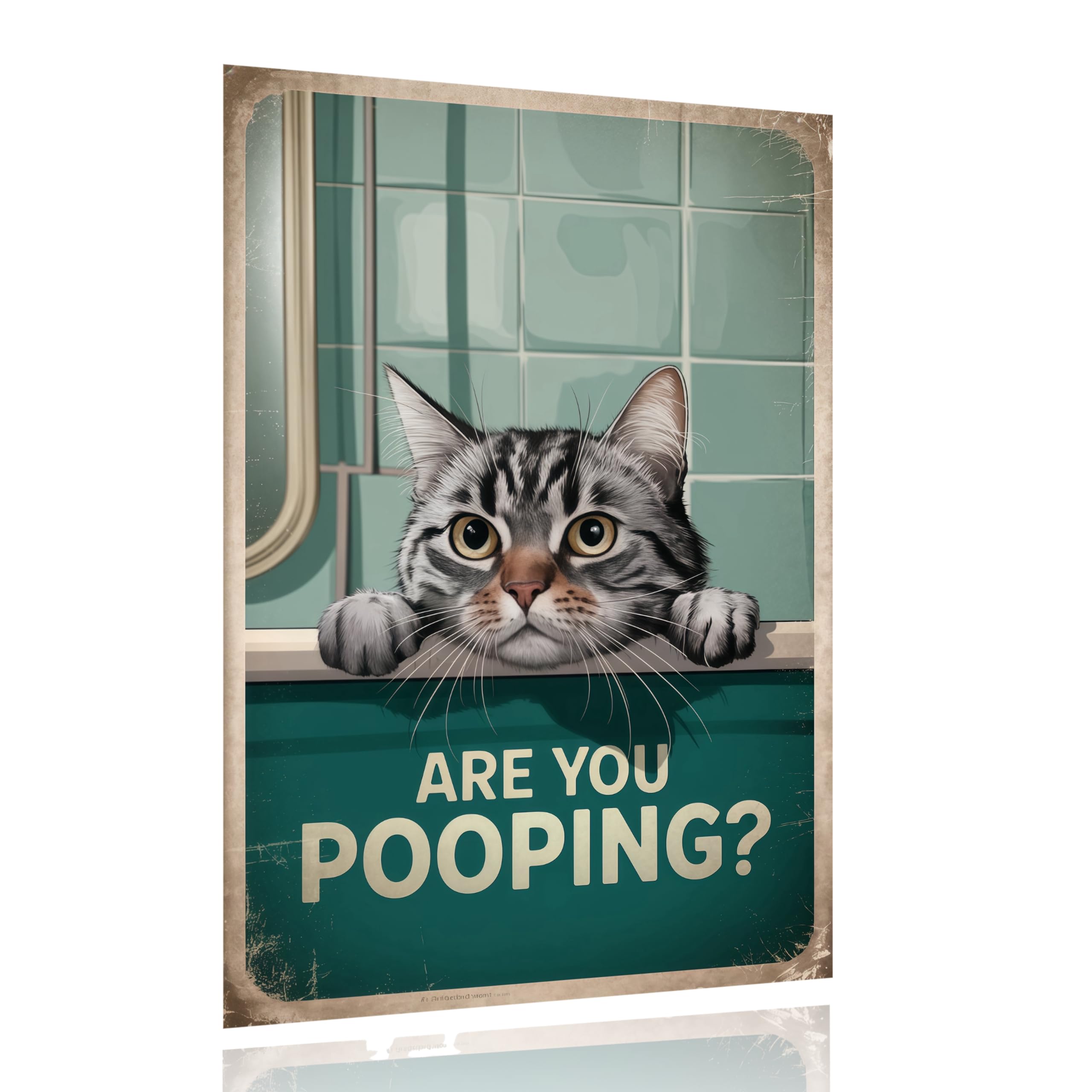 Funny Cat Bathroom Metal Sign – “Would Poop Here Again” Retro Tin Wall Art, 8x12 Inch Vintage Bathroom Decor for Cat Lovers, Restroom, Home, or Bar – Humorous Pet Wall Sign