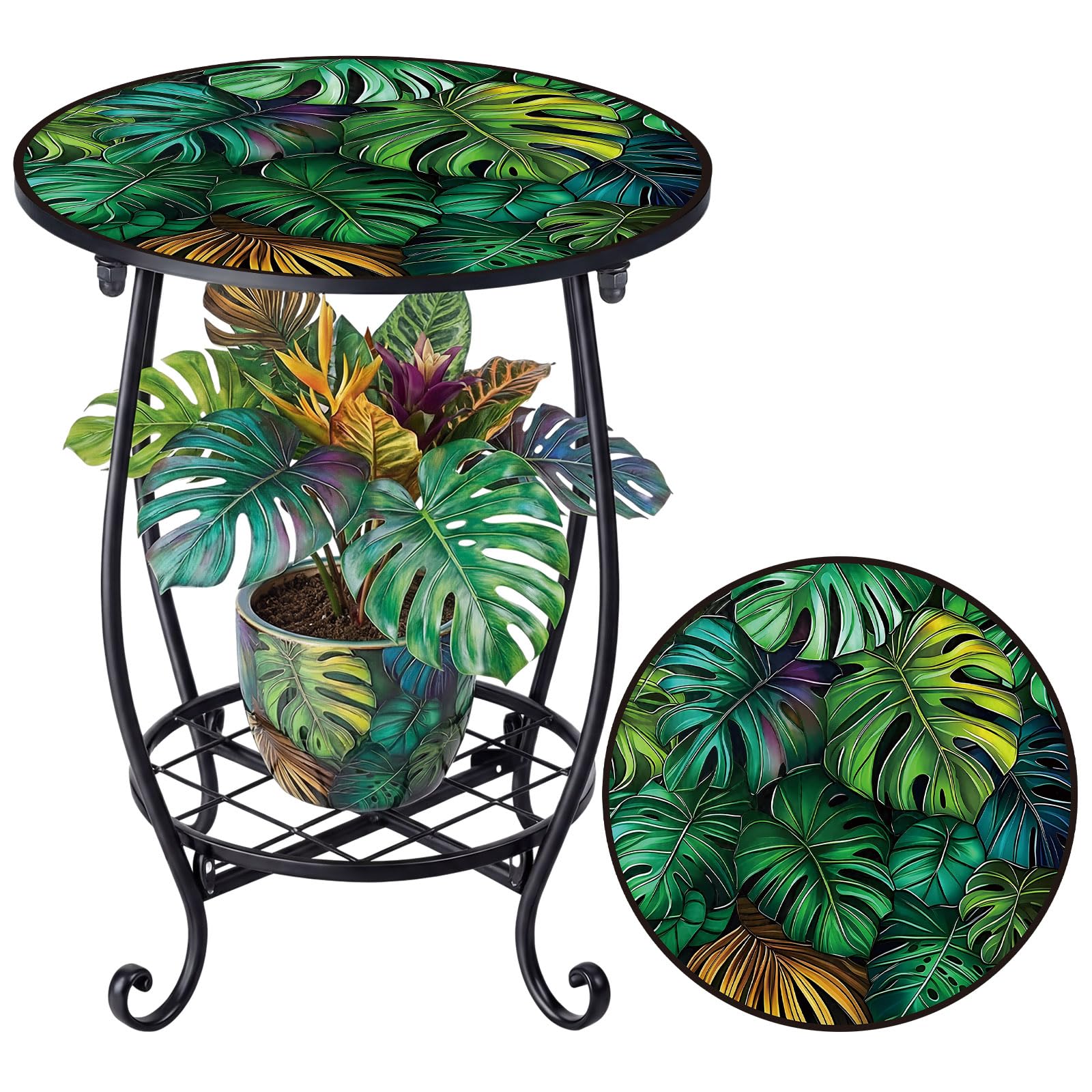 Cinnvoice Outdoor Side Table Round Small Mosaic Patio Accent Indoor End Plant Coffee Tea Table for Yard Patio Porch Garden Living Room, Bedroom(Butterfly Style,14 Inch)