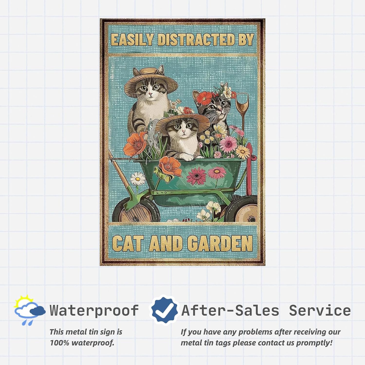 Metal Sign Easily Distracted By Cats & Garden Vintage Retro Aluminum Tin Sign for Garden, Kitchen, Office, Home, Bar, Cafe Decor 8x12 Inch