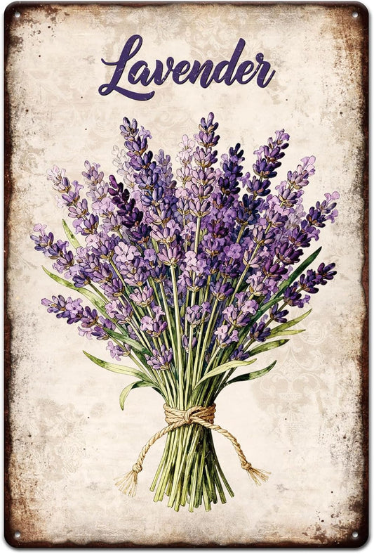 GLOBLELAND Lavender Metal Tin Sign 8x12in Flower Bouquet Vintage Painting Tin Signs Wall Poster Plaque for Gardens Patios Dining Rooms Living Rooms Bedrooms Floral Shops