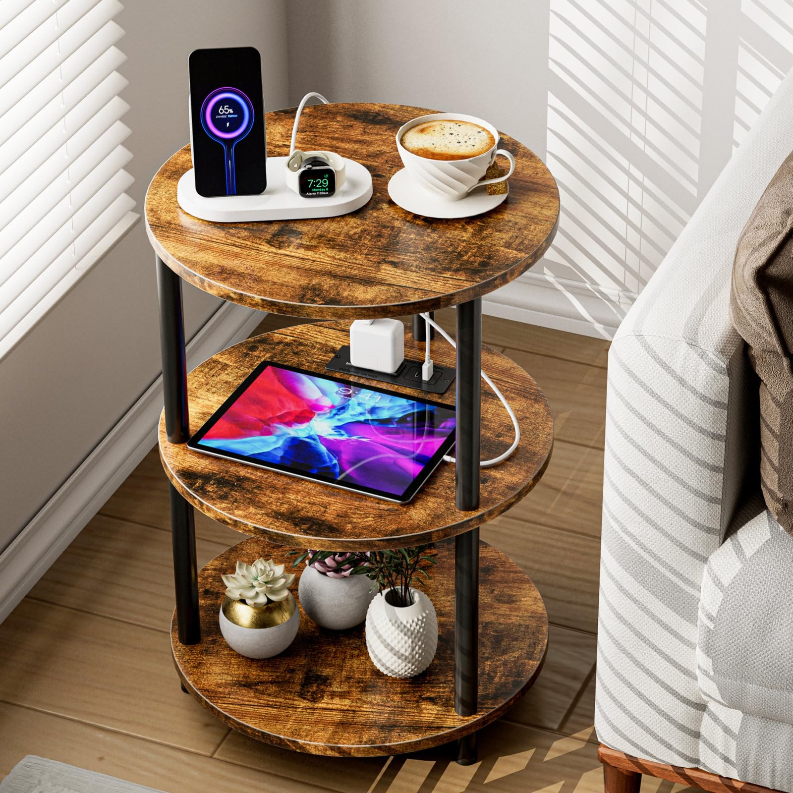 XBurmo Small Round Coffee Table - 3 Tier Design Accent Table, Narrow Side or Bedside Stand, Industrial Vintage Nightstand for Bedroom, Living Room, or Small Spaces, Rustic Brown