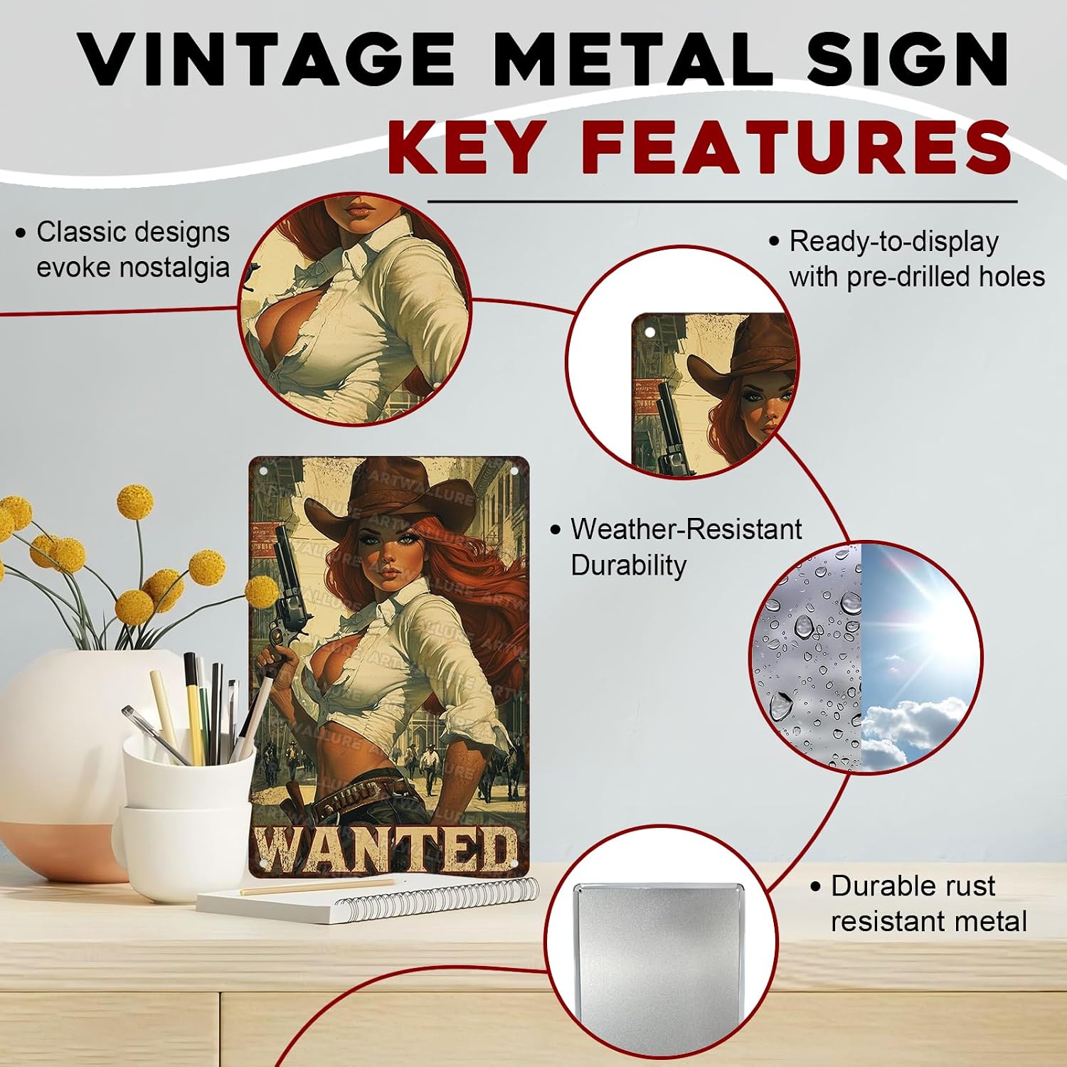 Retro Cowgirl Tin Sign Metal Wall Art Rustic Western Home Decor Wanted Theme 8x12inch