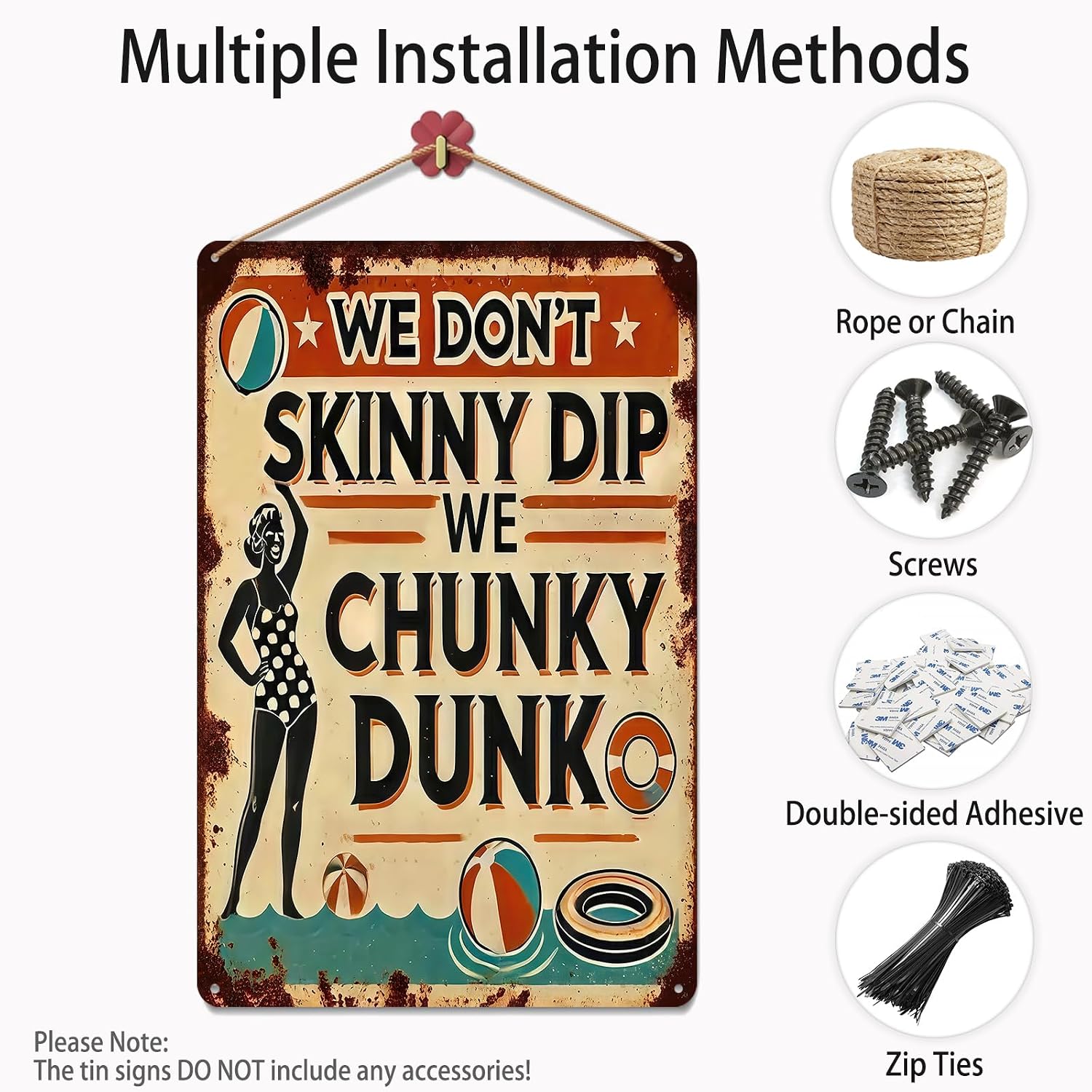 Funny Metal Pool Sign "We Don't Skinny Dip We Chunky Dunk" - Vintage Rustic Wall Decor for Pool, Patio, Outdoor Tin Sign with Retro Design & Playful Characters, Summer Artwork Decor, 8x12In