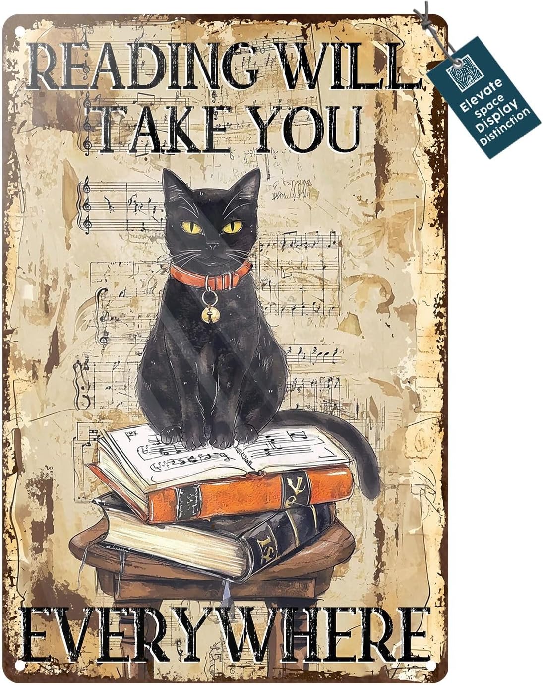 Black Cat Reading Vintage Metal Sign Reading Will Take You Everywhere Retro Wall Decor for Library Book Home Bedroom Office Decoration 8x12inch