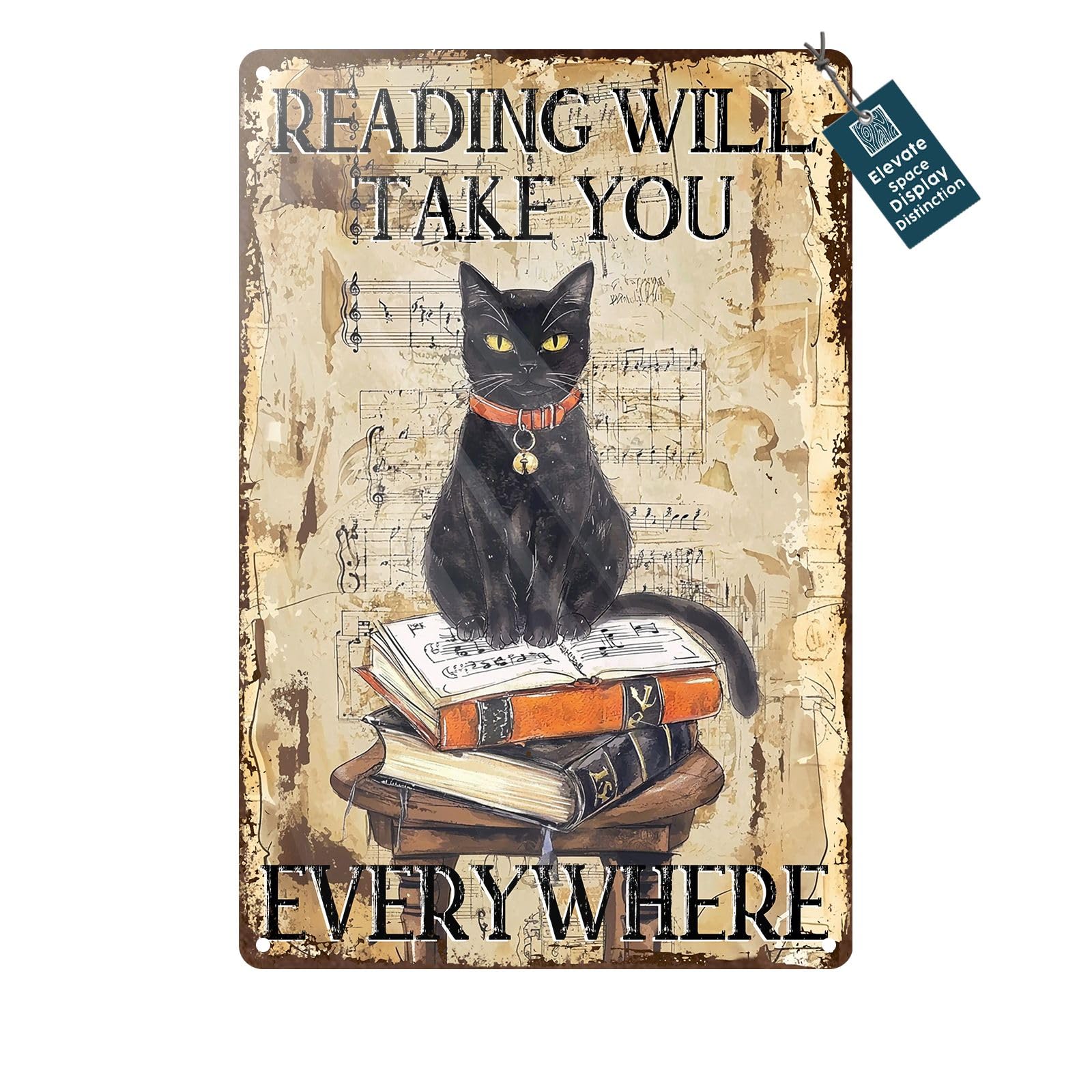 Black Cat Reading Vintage Metal Sign Reading Will Take You Everywhere Retro Wall Decor for Library Book Home Bedroom Office Decoration 8x12inch