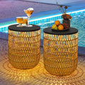 HMVPL Solar Outdoor Side Table Set of 2 with Dimmable Light, Round Patio Side Table for Outside, Outdoor End Accent Tables, Plastic Rattan Patio End Table for Poolside Backyard Gazebo, Dusk to Dawn