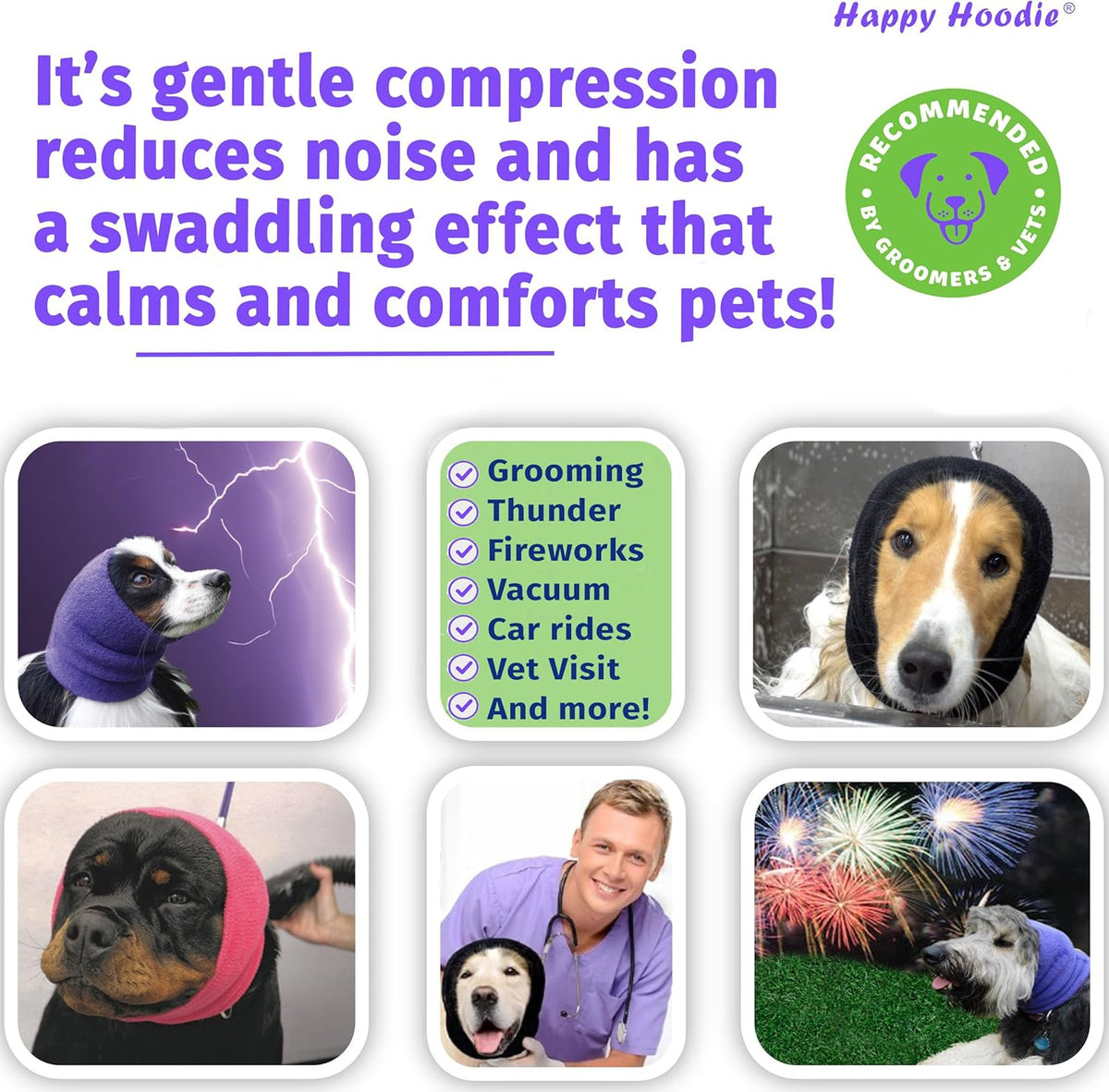 Happy Hoodie The Original Dog & Cat Calming Band - American Brand - Anxiety Relief/Noise Protection-Grooming-Thunder-Fireworks (Large, Blue) - Since 2008