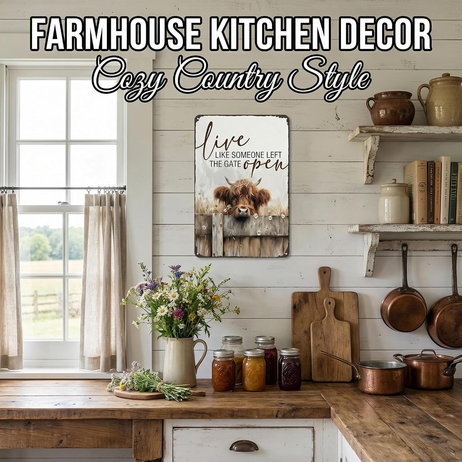 Funnysign Highland Cow Gifts Highland Cow Live Like Someone Left The Gate Open Vintage Tin Sign for Farmhouse Barn Office Kitchen Bathroom Porch Decor 8x12 Inch (26051)