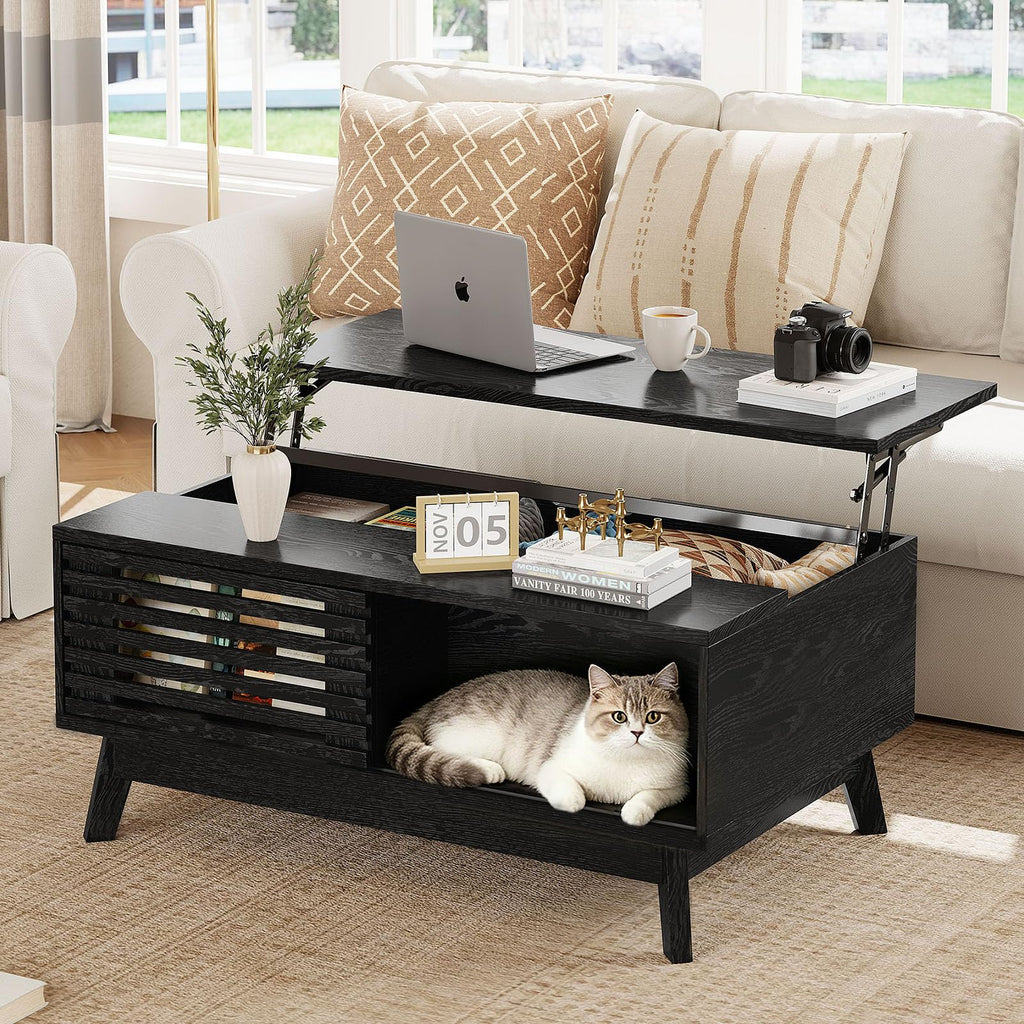 HAIOOU Lift Top Coffee Table, Mid Century Modern Coffee Table with Storage for Living Room, 35.4'' Walnut Coffee Tables with Sliding Fence Door (Brown)