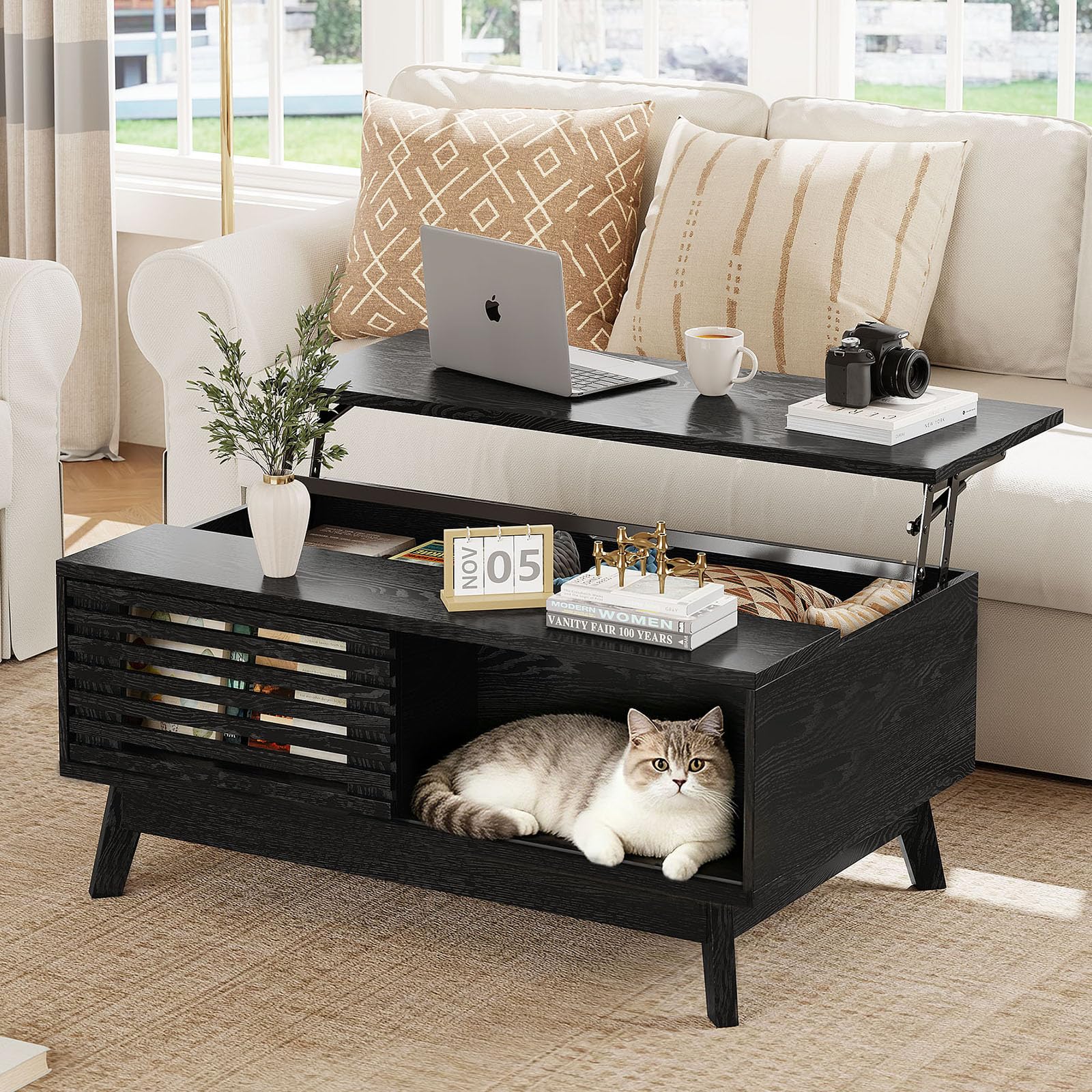 HAIOOU Lift Top Coffee Table, Mid Century Modern Coffee Table with Storage for Living Room, 35.4'' Walnut Coffee Tables with Sliding Fence Door (Brown)