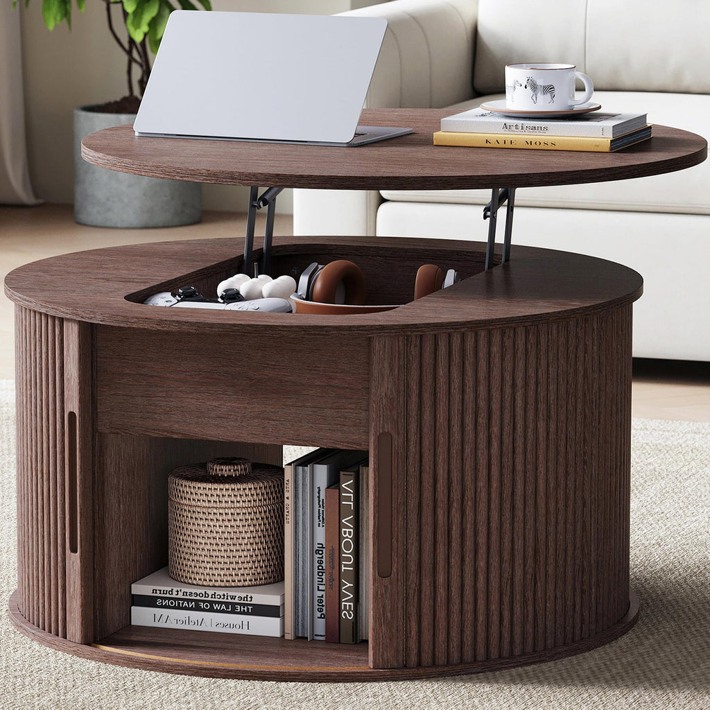 LINSY Lift Top Coffee Table, Oval Fluted Coffee Table with Storage, Mid Century Modern Wooden Coffee Tables with Sliding Tambour Door, 39" Center Table for Living Room, Office, Small Space, Walnut